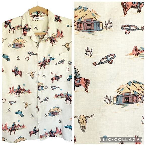 Sonoma Button Down Shirt Mens MEDIUM Linen Blend Novelty Print Western Cowboy - Picture 1 of 9